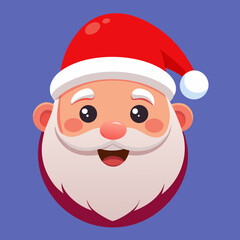 Cheerful cartoon santa claus face with red hat and white beard on a purple background