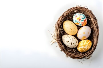 Obraz premium A casual photo of An intricately designed Easter egg nestled in a bed of lush, vibrant grass, surrounded by a variety of springtime blossoms. The egg, a stunning specimen of meticulous craftsmanship, 