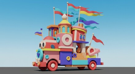 Naklejka premium Colorful 3D Cartoon Train with Flags