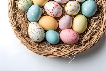 Fototapeta premium A casual photo of An intricately designed Easter egg nestled in a bed of lush, vibrant grass, surrounded by a variety of springtime blossoms. The egg, a stunning specimen of meticulous craftsmanship, 