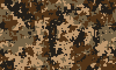 Abstract digital camouflage pattern.  Earthy tones blend seamlessly for a versatile background ideal for fashion, military, or hunting designs.  Perfect for textiles, websites, or branding projects.
