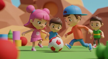 Fototapeta premium Cartoon Kids Playing Soccer in Park