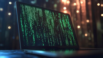 Encrypted email system displayed on a laptop screen with code in a dimly lit environment