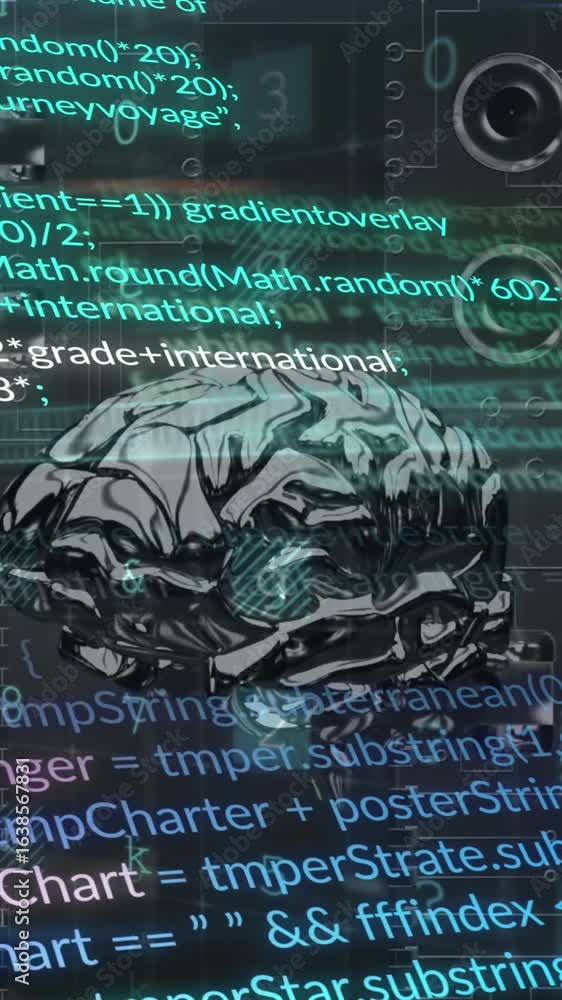 Poster animation of text, digital human brain and computer language over motherboard in background