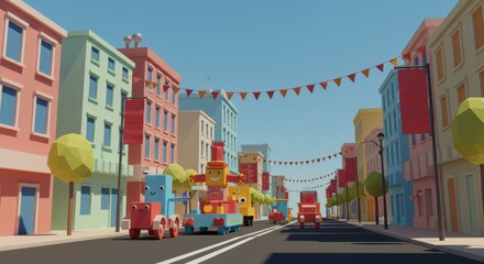 Cartoon City Parade with Colorful Vehicles