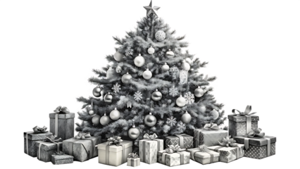 A beautifully decorated christmas tree adorned with ornaments and gifts, isolated on transparent background