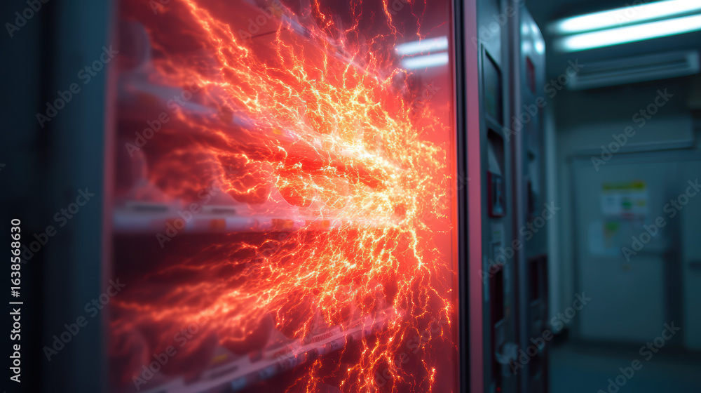 Poster a vending machine emits a burst of electric energy, creating a dramatic visual effect that captures 