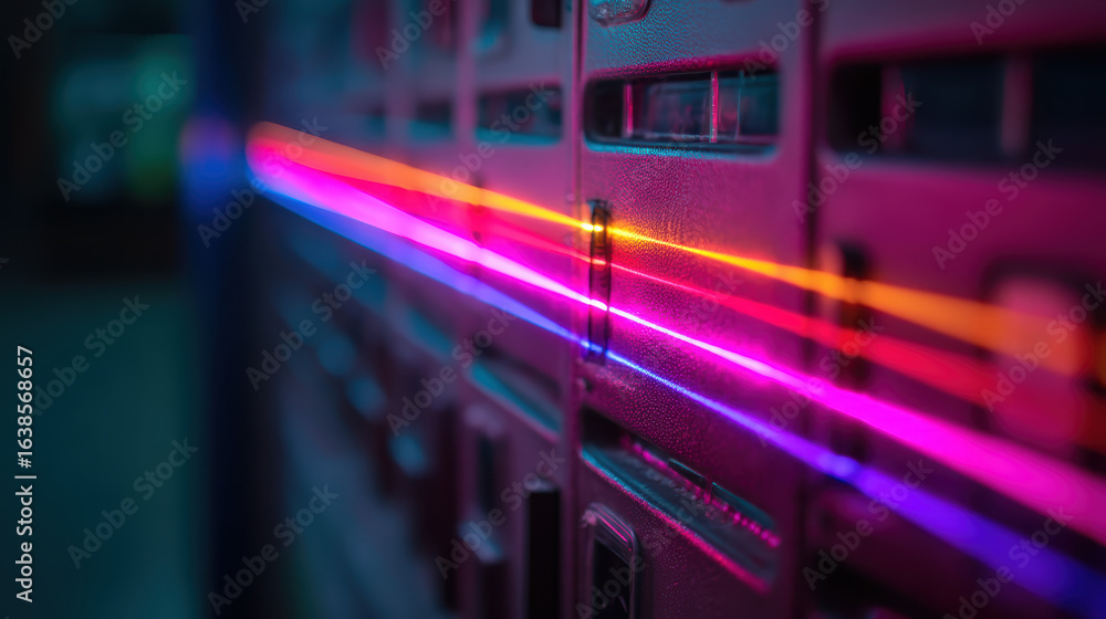 Poster a close-up image featuring vibrant neon light streaks against a textured surface, creating a dynamic