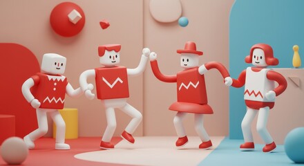 Fototapeta premium Playful Cartoon Characters Dancing in Colorful Scene