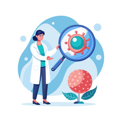 Female doctor using magnifying glass to closely examine giant biological cell structure in detailed scientific research vector illustration
