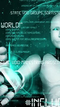 Futuristic robot artificial intelligence huminoid AI programming coding technology development and machine learning concept. Robotic bionic science research for future of human life. 3D rendering.