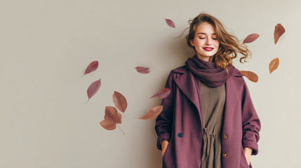 Woman in burgundy coat and scarf with autumn leaves