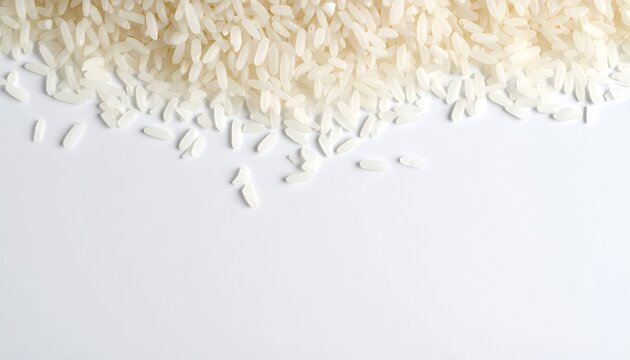 Rice grains scattered on a clean white surface creating a simple and elegant culinary backdrop for food preparation