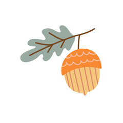 Hand Drawn Acorn with Oak Leaf in Warm Autumn Colors for Seasonal Decor and Fall Illustrations