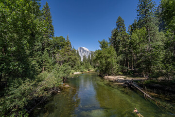 Fototapeta premium Sentinel Bridge, Yosemite National Park, California. Sierra Nevada. Yosemite Valley is a glacial valley. The Merced River is a 145-mile (233 km)-long tributary of the San Joaquin River. Half Dome 