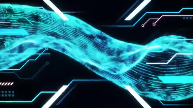 Abstract digital art with turquoise wave patterns overlaid on a dark background, featuring glowing geometric lines and shapes - Powered by Adobe