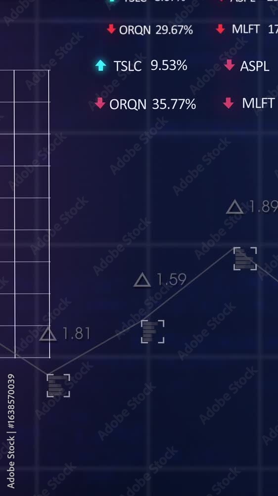 Aufkleber animation of graphs, changing numbers, trading boards and computer language over black background