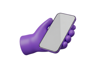 Illustration of purple 3d hand holding a smartphone with a blank screen, isolated on transparent background