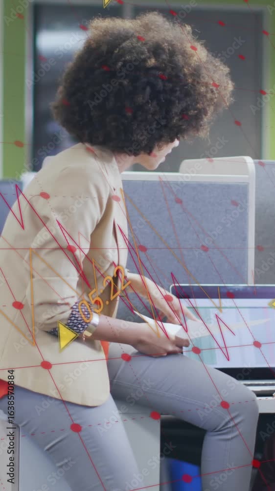 Poster animation of multiple graphs with changing numbers, diverse female coworkers discussing on desk