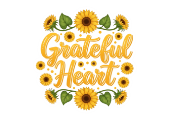 Illustration of grateful heart with sunflowers isolated on transparent background