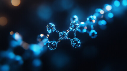 A glowing blue molecular structure illuminated against a dark background. The intricate network of atoms and bonds highlights scientific innovation, biotechnology, and futuristic molecular research th