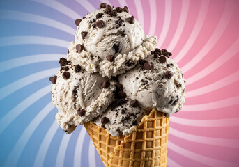 Fototapeta na wymiar Cookies and Cream Sundae in Waffle Cone – Pink Blue Gradient Spiral Motion