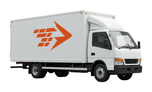 Efficient delivery truck action urban city vehicle commercial environment side logistics concept. Cut out png