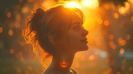 Sun-kissed Serenity: A woman in a golden sunset contemplates life, bathed in warm, ethereal light.