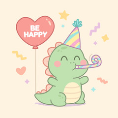 Cute Kawaii Baby Dinosaur Happy Birthday Illustration with Party Elements. Cartoon Dinosaur in party hat with balloon and confetti. Kawaii dino caracter perfect for kids birthday cards 