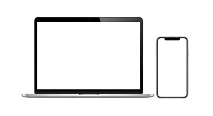 Illustration of laptop computer and smartphone sidebyside with blank white screens, isolated on transparent background