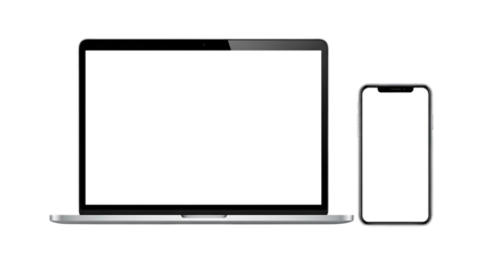 Illustration of laptop computer and smartphone sidebyside with blank white screens, isolated on transparent background