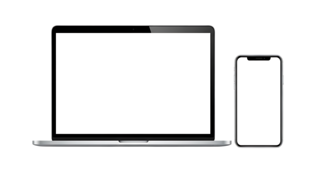Illustration of laptop computer and smartphone sidebyside with blank white screens, isolated on transparent background