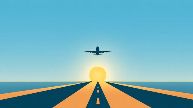 Minimalist image of an airplane taking off at dawn over a roadway