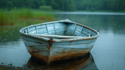 Obraz premium Weathered boat on tranquil lake; rustic charm against a serene waterscape. Nature's gentle embrace.