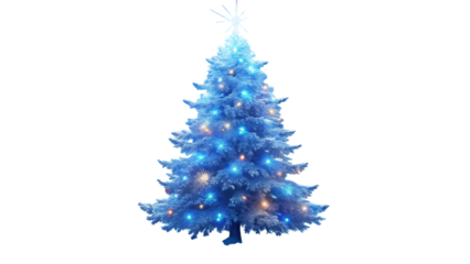 A beautifully decorated christmas tree adorned with blue and golden lights, creating a magical festive atmosphere isolated on transparent background