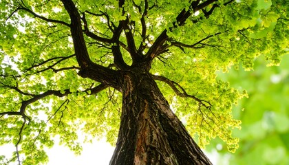 Fototapeta premium Lush green tree canopy reaching towards the sky.