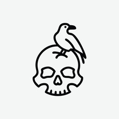 Black outline of a bird perched on a human skull on a white background crow raven