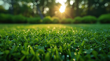 Naklejka premium Morning dew clings to blades of grass in a peaceful lawn, bathed in the warm glow of the rising sun.