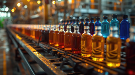 Bottles filled with colorful liquid on a conveyor belt, ready for packaging in a factory environment.