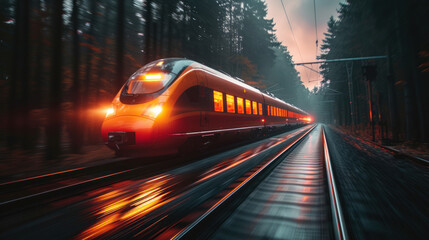 High-speed train slicing through the forest, illuminated by sunset, a journey of speed and efficiency