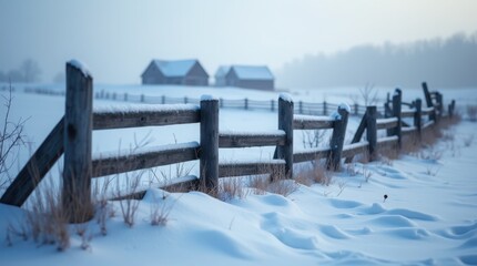 Naklejka premium Wooden fence covered with snow in a winter field. Cold weather landscape with farm buildings in the background. Seasonal outdoor scene.