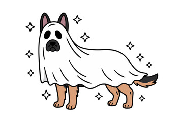 Cute dog dressed as a ghost for halloween with stars around it isolated on white background