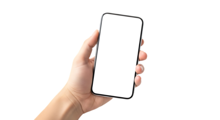 Illustration of a persons hand holding a modern smartphone with a blank white screen, isolated on transparent background