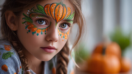 Close up portrait. Cute Halloween face pumpkin shape paint for kids.