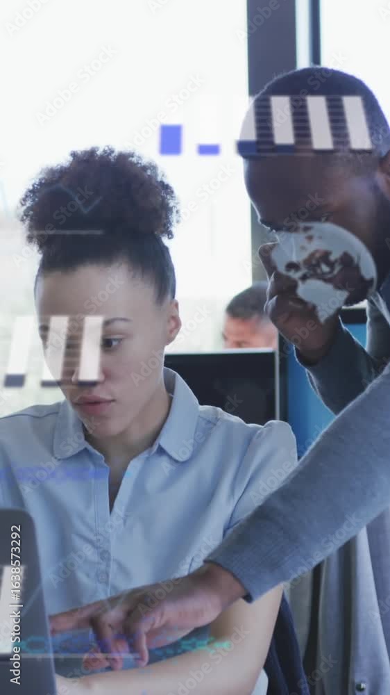 Poster animation of statistical data processing against diverse man and woman discussing at office
