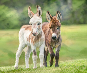 Miniature donkey foal companions. Stylized digital photo art.