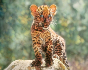 baby animal African leopard cub climbing on rock. Stylized digital photo art.