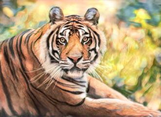 Captive Bengal Tiger face.. Stylized digital photo art.