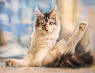 Six month old juvenile female Maine Coon Cat in an embarrasing position. Stylized digital photo art.
