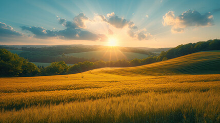 Fototapeta premium Golden field illuminated by the radiant sun; a landscape of tranquility and natural beauty at its finest.